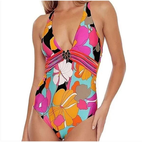 Trina Turk Gemini Plunge Maillot Medallion One Piece Swimsuit Floral‎ Size 10 - Picture 1 of 8